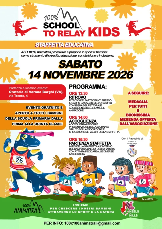 Locandina 100% School to Relay Kids, staffetta educativa 14 novembre 2026